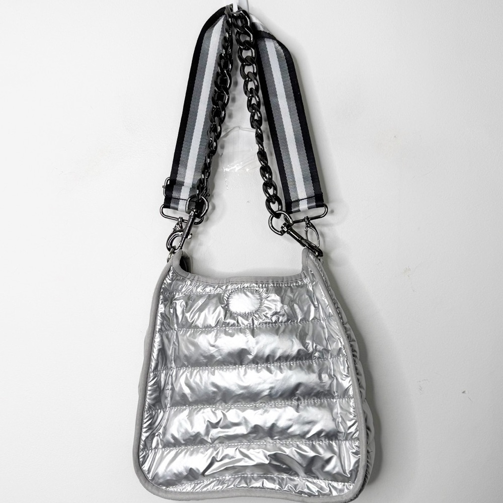 AH-DORNED | Silver Puffer Quilted Shoulder Bag Handbag Stripe & Chain Straps